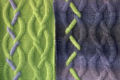 three knitted sweaters with different colors and patterns on the front, one in grey, one in green