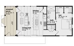 the floor plan for a two bedroom cabin with living room, kitchen and dining area