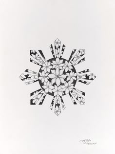 a black and white drawing of a snowflake with lots of diamonds on it