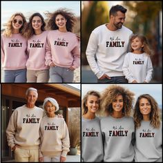 This is a text only design that reads: "WE ARE FAMILY."  We Are is written in a playful font on the top line.  FAMILY is written in large block College font with a trendy red and green mask applied for the winter vibe.  This is the perfect time to showcase your connectedness, so remember to get one for grandparents, cousins, and others who are like family to you.   At Perspectives Gifts USA, our mantra is Art You Wear and Share. This is just one example of our Family/Group series of designs.  We Family Matching Sweatshirt For Fall, Family Matching Fall Sweatshirt, Casual Family Winter Sweatshirt, Casual Winter Sweatshirt For Family Occasions, Family Matching Long Sleeve Sweatshirt, Casual Winter Tops For Family Occasions, Family Cotton Sweatshirt With Letter Print, Customizable Long Sleeve Family Matching Sweatshirt, Family Matching Crew Neck Sweatshirt With Graphic Print