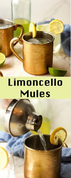 two pictures showing the process of making lemonade mules in copper mugs with lime slices