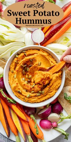 Homemade Roasted Sweet Potato Hummus. Sweet Potato Tahini, Potato Hummus, Natural Nurturer, Delicious Vegetarian Dinner, Sweet Potato Hummus, Raw Veggies, Vegetarian Recipes Lunch, Healthy Appetizer, Kid Recipes