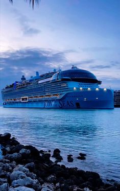 a large cruise ship is docked at the dock in front of some rocks and palm trees