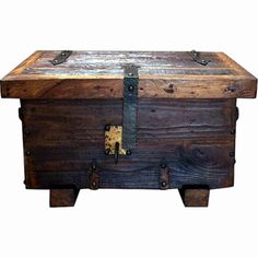 an old wooden chest with metal straps