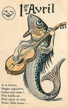 an old book with a drawing of a fish holding a guitar in it's mouth