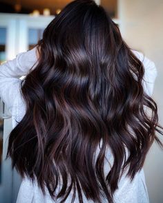 Off Black Balayage Hair, Mahogany On Black Hair, Dark Hair Beleyage, Dark Hair With Lowlights Straight, Trendy Hair Colors For Black Hair, Brown Lowlights Straight Hair, Dark Hair Reverse Balayage, Brown Hair With Subtle Red Highlights, Dark Brunette Color Ideas