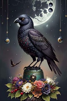 a painting of a crow sitting on top of a vase with flowers and birds around it