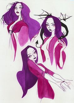 three different colored drawings of women with long hair and one wearing a red dress, the other in purple