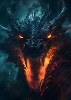 a close up of a dragon face on a dark background with bright yellow glowing eyes