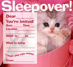 there is a cat that is in a pink box with the words sleepover on it