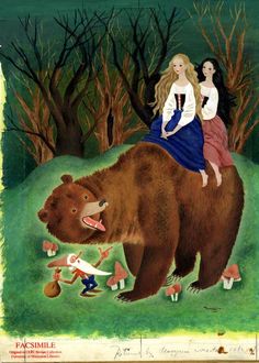 a painting of two women riding on the back of a bear