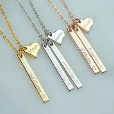 "Personalized bar necklace, Custom name bar necklace, Personalized family necklace A hand stamped bar necklace would make a perfect gift for yourself or your loved ones. This beautiful necklace is the perfect layering necklace or beautiful on its own. ITEM SPECIFICATION: Chain Length: 17\" + 1\" extender Bar Size: 33 mm x 3.5 mm Material: Gold Plated, Silver Plated, Rose Gold Plated HOW TO ORDER: 1 Select options from the drop down menu 2 Add to cart and proceed to checkout 3 Submit your persona Personalized Bar Necklace, Grandma Necklace, Mom Ring, Bar Necklace Personalized, Family Necklace, Jewelry Quotes, Kids Names, Mothers Necklace, Mom And Grandma