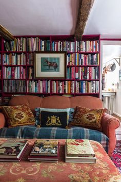 a living room filled with lots of books on top of a book shelf next to a couch