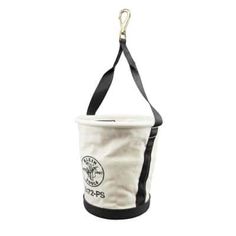 a white bucket with black straps hanging from it's side on a white background