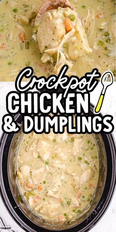 chicken and dumpling soup in a crock pot with the title text overlay reads crockpot chicken and dumplings