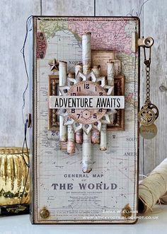 an old world map with the words adventure awaits on it and some other items