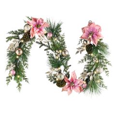 two christmas wreaths with pink flowers and pine cones