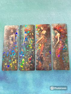 four cards with different images of mermaids on them