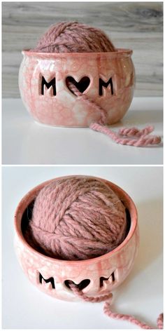 two pictures of yarn in a bowl with the words mom written on it and an image of