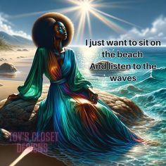 a woman sitting on top of a beach next to the ocean with a quote above her