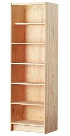 a wooden bookcase with three shelves and no doors