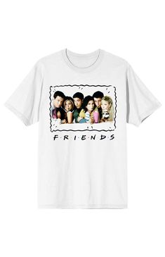 Online only! Celebrate classic sitcom humor with this Friends tee. The shirt features a picture of the main characters Ross, Rachel, Joey, Phoebe, Monica, and Chandler splitting a pair of milkshakes. Each shake has three straws. The picture is framed with squiggly black lines, and the show's logo appears underneath. Fans of the funny friends will love this t-shirt.


	Solid color tee
	Short sleeves
	Crew neckline
	Front graphic
	Standard fit
	Machine washable Monica And Chandler, Funny Friends, Friends Tee, Black Lines, Milkshakes, The Funny, Top Graphic Tees, Friends Funny, Tshirts Online