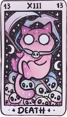 a pink tarot card with skulls on it and a cat in the middle, surrounded by stars