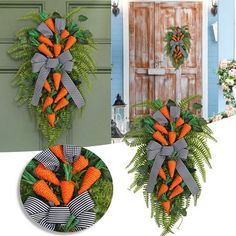 two pictures of carrots and ferns in front of a door with the same decoration