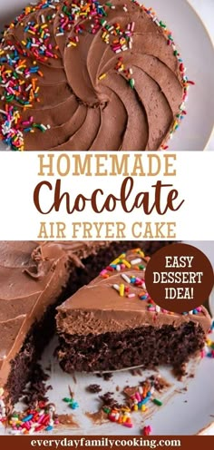 homemade chocolate air fryer cake with frosting and sprinkles