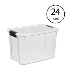 a white storage box with black handles and lid