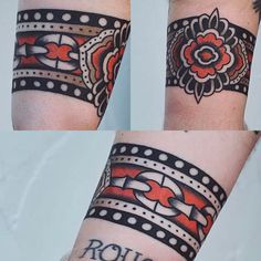 two wristbands with different designs on each arm and one has the word rouh written