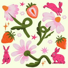 an image of flowers and rabbits on a white background