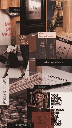 a collage of images with words and pictures on them that include books, magazines, letters, and an image of a woman in high heels