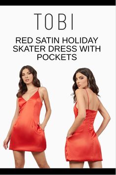 Look cute in this red satin holiday skater dress with pockets. Can you imagine getting dress up cocktail party gowns for Christmas and New Year's Eve outfits on sale? Now's your chance to save. Why pay more when you can get gorgeous winter festivity clothing and beautiful formal attire for ladies at affordable prices from TOBI. #shoptobi #holidaydresses #skaterdresses #satindresses Satin Skater Dress, White Lace Skater Dress