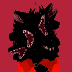 an illustration of a monster with its mouth open and teeth wide open, on a red background