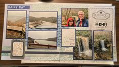 a scrapbook with pictures of people in the mountains and water on it's cover