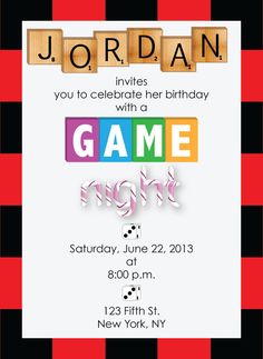 a game night party flyer with scrabble blocks