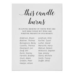 this candle burns memorial card with the names of all those loved ones in black ink