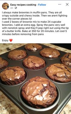 a muffin tin filled with chocolate cupcakes sitting on top of a counter