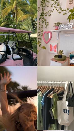 a collage of photos showing various things in the room and on the wall, including clothes hanging up to dry