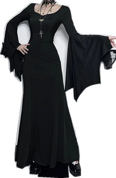 Black Vampire Dress For Cosplay, Black Vampire Dress For Halloween, Halloween Vampire Style Black Dress, Vampire Style Cosplay Dress For Fall, Vampire Style Dress For Fall Cosplay, Black Fall Cosplay Dress, Vampire Dress For Fall Cosplay, Gothic Dresses For Halloween Cosplay, Black Dress For Fall Cosplay