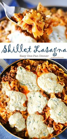 two pictures showing different types of pasta and lasagna in a skillet with the title above it