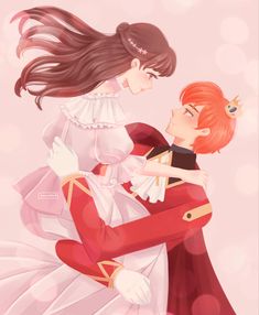 two people dressed up as princesses hugging each other in front of a pink background