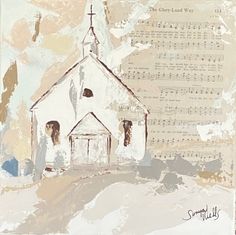 a painting of a church with sheet music on it