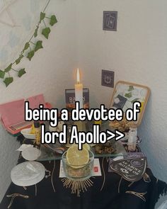 a table that has some food on it with the words being a devoted of lord apolo