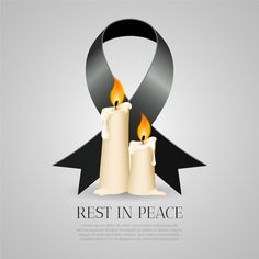 two candles with black ribbon and the words rest in peace on grey background - free vector