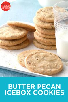 butter pecan icebox cookies on a tray with a glass of milk