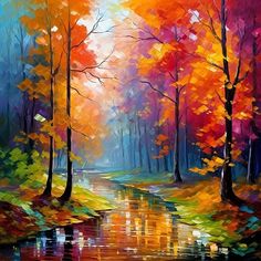 an oil painting of colorful trees and water