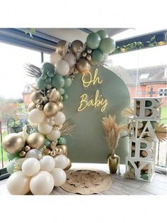 Décoration Baby Shower, Sage Green Baby Shower, Baby Shower Balloon Arch, Baby Shower Theme Decorations, Baby Balloon, Green Baby Shower, 1st Birthday Decorations, Green Balloon, Gold Baby Showers