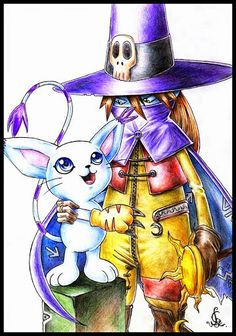 a drawing of a person with a hat on and a rabbit in front of them